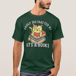 Easily Distracted by Cats and Books Lover Cat Kawa T-Shirt