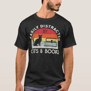 Easily Distracted by Cats and Books Vintage Retro T-Shirt