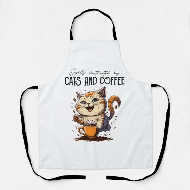 Easily Distracted By Cats And Coffee Cat Lovers Co Apron (Front)