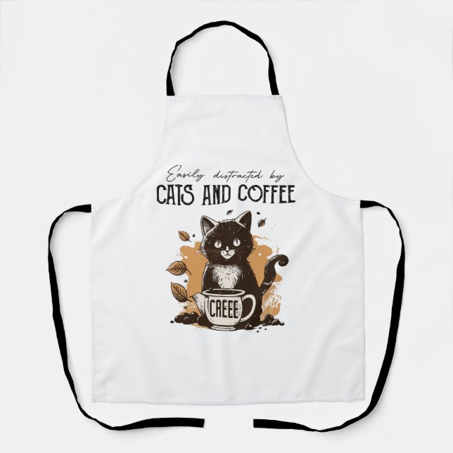 Easily Distracted By Cats And Coffee Cat Lovers Co Apron (Front)