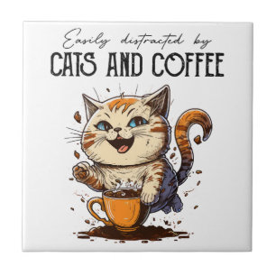 Easily Distracted By Cats And Coffee Cat Lovers Co Ceramic Tile