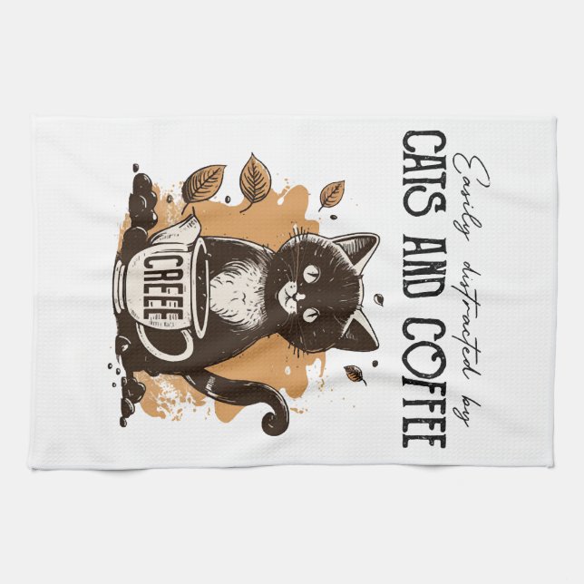 Easily Distracted By Cats And Coffee Cat Lovers Co Tea Towel (Horizontal)