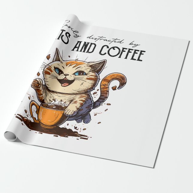 Easily Distracted By Cats And Coffee Cat Lovers Co Wrapping Paper (Unrolled)