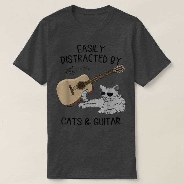 Easily Distracted By Cats And Guitar, Guitar Music T-Shirt (Design Front)