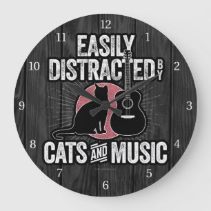 Easily Distracted by Cats and Music Large Clock