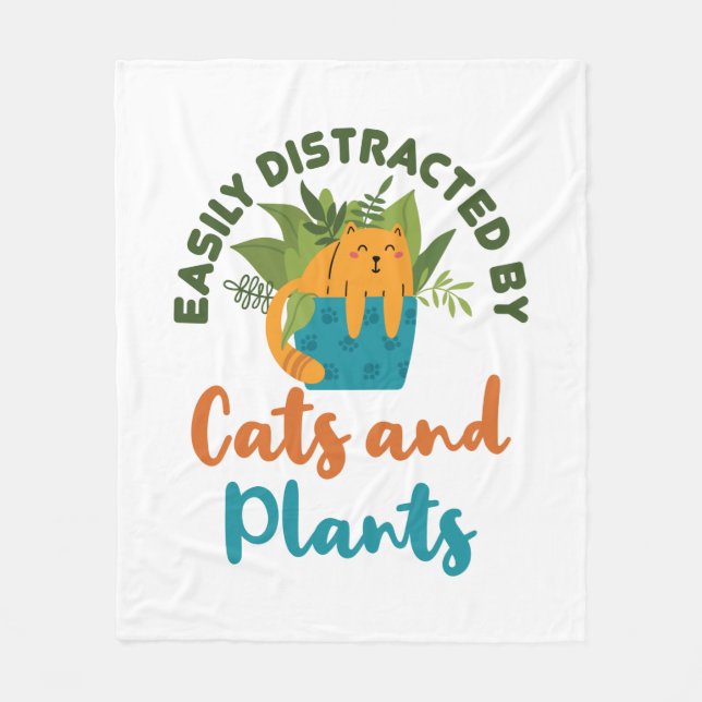 Easily Distracted by Cats and Plants Cat Lover Fleece Blanket (Front)