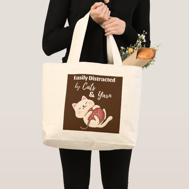 Easily Distracted by Cats and Yarn Funny Crochet Large Tote Bag (Front (Product))