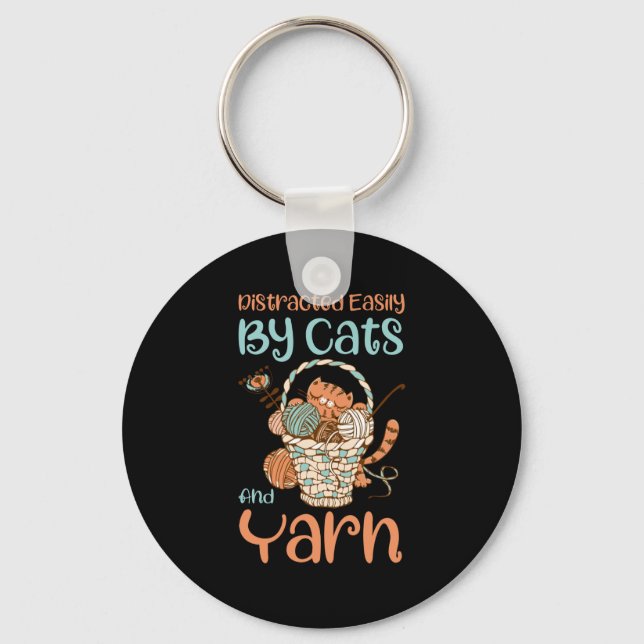 Easily Distracted By Cats And Yarn Knitting Yarn Key Ring (Front)