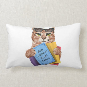 Easily Distracted By Cats _ Books Cat Book Cute Lumbar Cushion