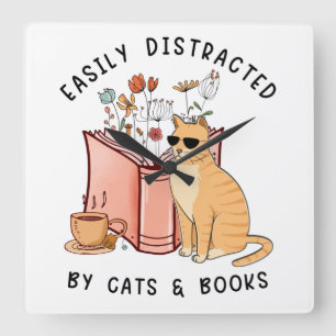 Easily Distracted By Cats & Books Square Wall Clock