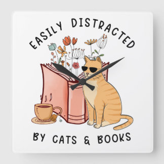 Easily Distracted By Cats & Books Square Wall Clock