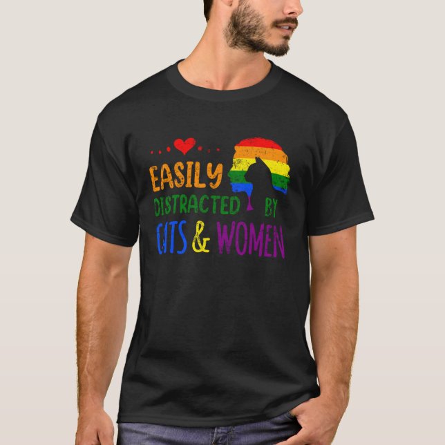 Easily Distracted By Cats Women LGBTQ Lesbian Prid T-Shirt (Front)
