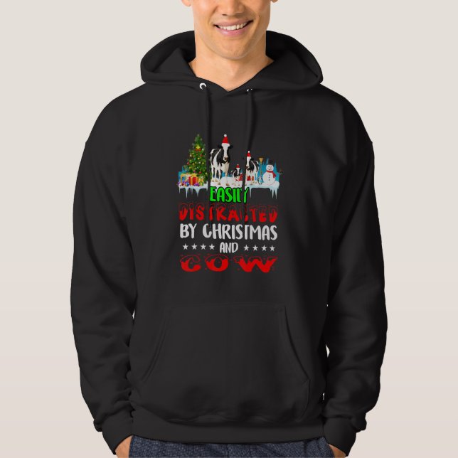Easily Distracted By Christmas Cow On Snow Xmas Co Hoodie (Front)