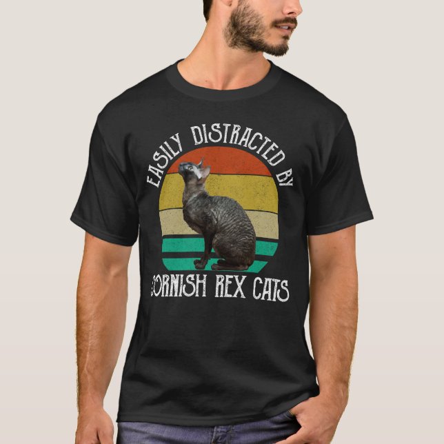 Easily Distracted By Cornish Rex Cats T-Shirt (Front)