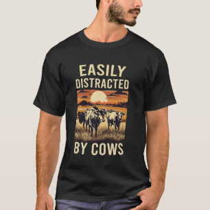 Easily Distracted By Cows Funny Cow Famers Retro V T-Shirt