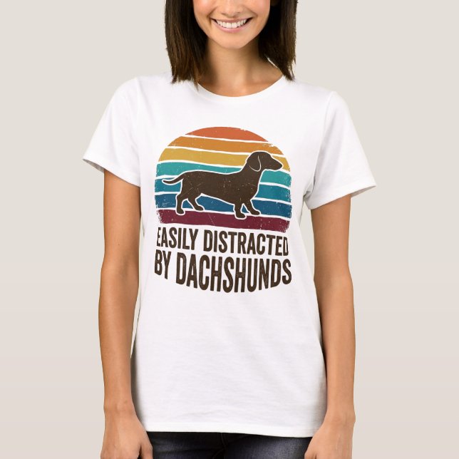 Easily Distracted By Dachshunds Retro Sunset Funny T-Shirt (Front)