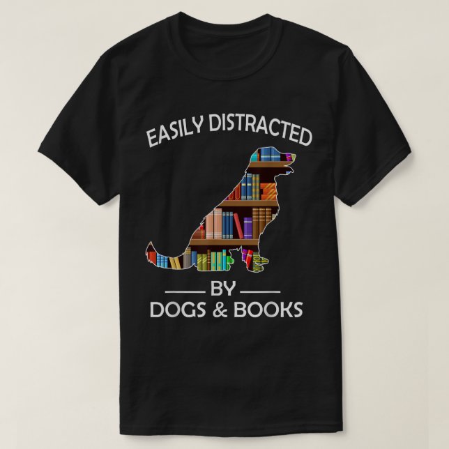 Easily Distracted By Dogs & Books Funny Golden Ret T-Shirt (Design Front)