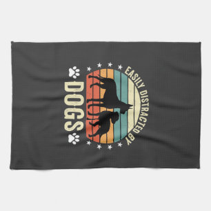 Easily Distracted by Dogs Vintage Retro Sunset Tea Towel