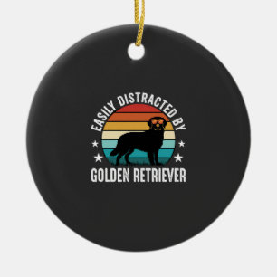 Easily Distracted by Golden Retriever Retro Sunset Ceramic Ornament
