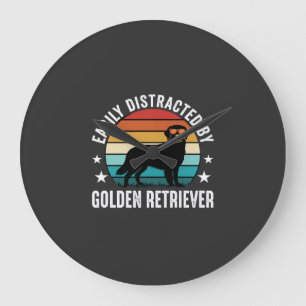 Easily Distracted by Golden Retriever Retro Sunset Large Clock
