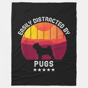Easily Distracted By Pugs Retro Pug Dog Lover Fleece Blanket