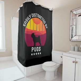 Easily Distracted By Pugs Retro Pug Dog Lover Shower Curtain