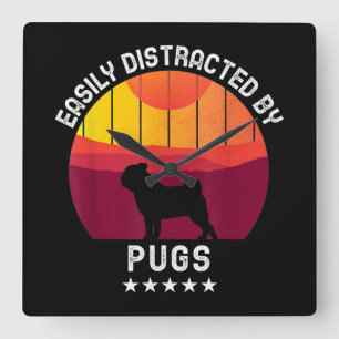 Easily Distracted By Pugs Retro Pug Dog Lover Square Wall Clock