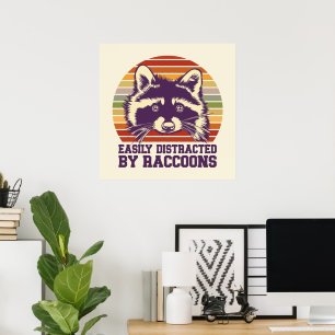 Easily Distracted By Raccoons Retro Vintage Sunset Poster