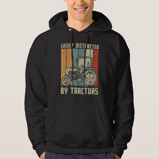 Easily Distracted By Tractors Retro Farming Farmer Hoodie (Front)