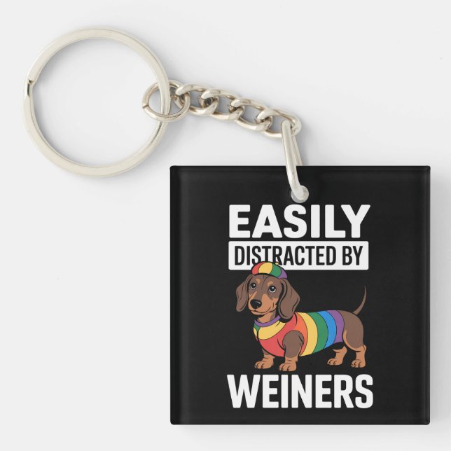 Easily Distracted By Weiners LGBTQ Rainbow Gay Key Ring (Front)