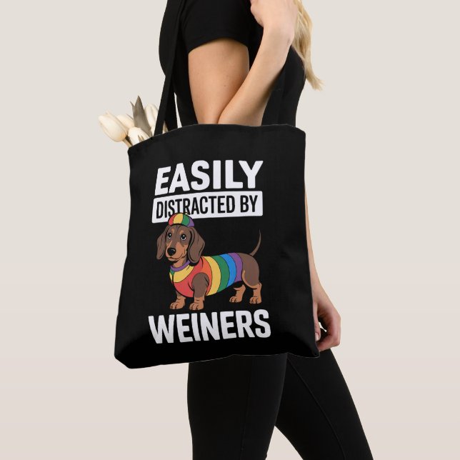 Easily Distracted By Weiners LGBTQ Rainbow Gay Tote Bag (Close Up)