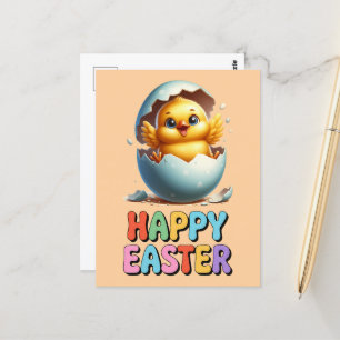 Easter a happy chick child drawing postcard