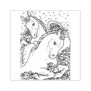 EASTER ANGEL PONIES & BUNNY, SPRING HORSE FEATHERS RUBBER STAMP