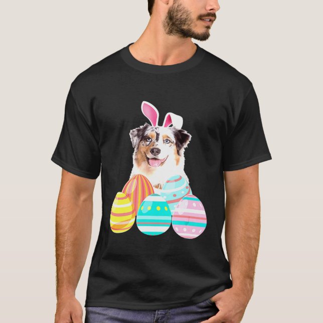 Easter Australian Shepherd Bunny Ears Eggs T-Shirt (Front)