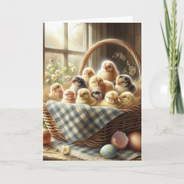Easter Baby Chicks In Wicker Basket Holiday Card (Front)