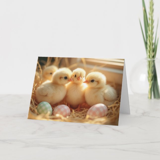 Easter Baby Chicks With Gingham Eggs Holiday Card (Front)