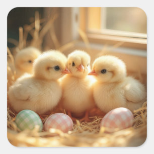 Easter Baby Chicks With Gingham Eggs Square Sticker