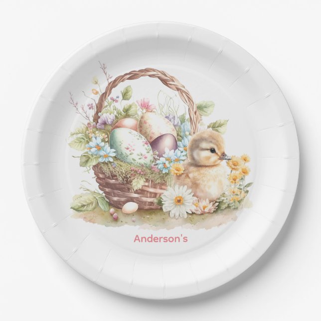 Easter Basket & Duckling Personalised Paper Plate (Front)