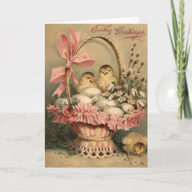 Easter Basket Egg Chick Pink Bow Holiday Card (Front)