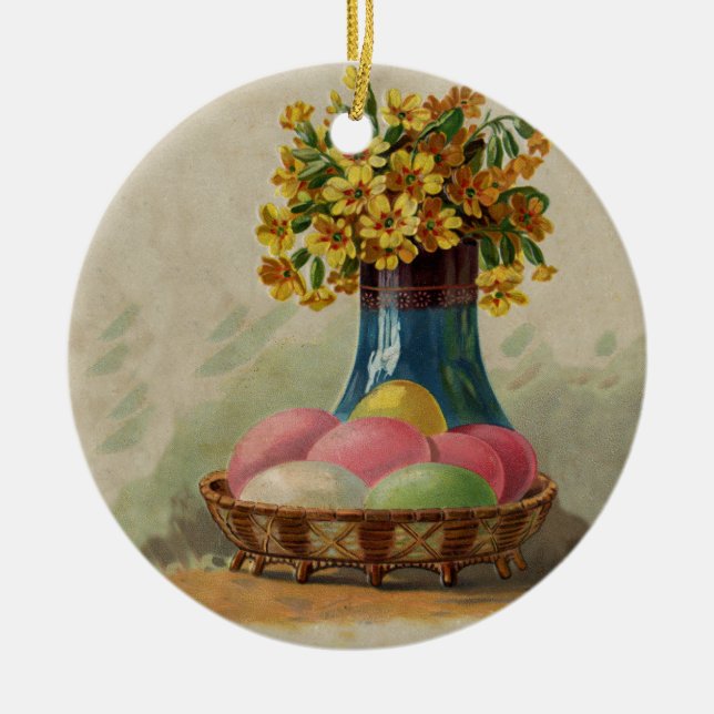 Easter Basket Eggs Flowers Antique Ceramic Ornament (Front)