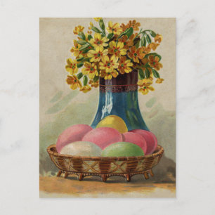 Easter Basket Eggs Flowers Antique Holiday Postcard