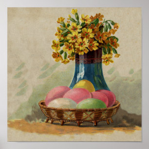 Easter Basket Eggs Flowers Antique Poster