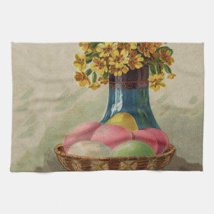 Easter Basket Eggs Flowers Antique Tea Towel