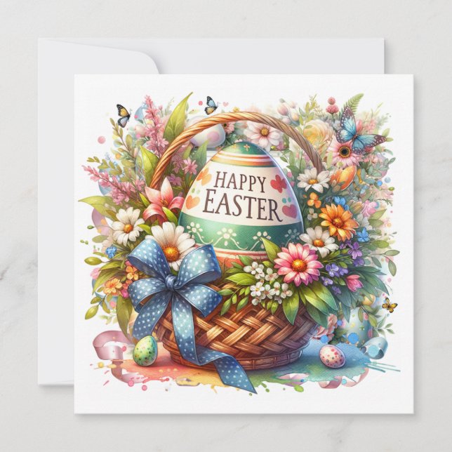 Easter Basket Eggs & Spring Flowers Holiday Card (Front)