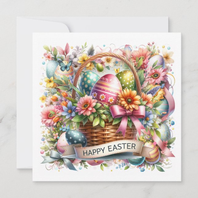 Easter Basket Eggs & Spring Flowers Holiday Card (Front)