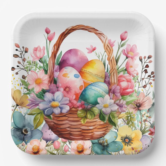 Easter Basket Eggs & Spring Flowers Paper Plate (Front)