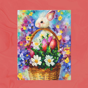 Easter Basket, Flowers and Bunny Oil Painting Postcard