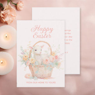 Easter Basket Pink Peach Lamb Floral Holiday Card