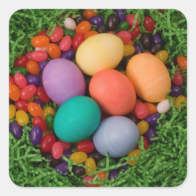 Easter Basket - Spring Coloured Eggs Jelly Beans Square Sticker (Front)