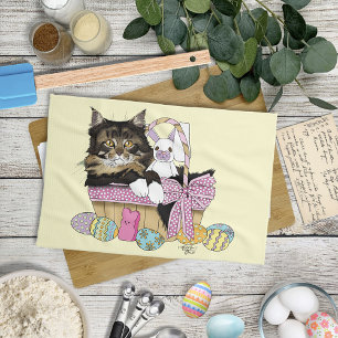 Easter Basket Tabby Kitten Tea Towel